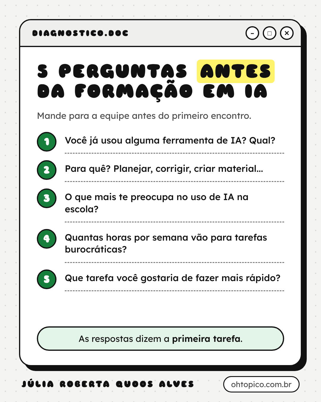 Cartão para enviar à equipe antes do primeiro encontro, com as mesmas 5 perguntas de diagnóstico da lista acima e a frase: as respostas dizem a primeira tarefa.