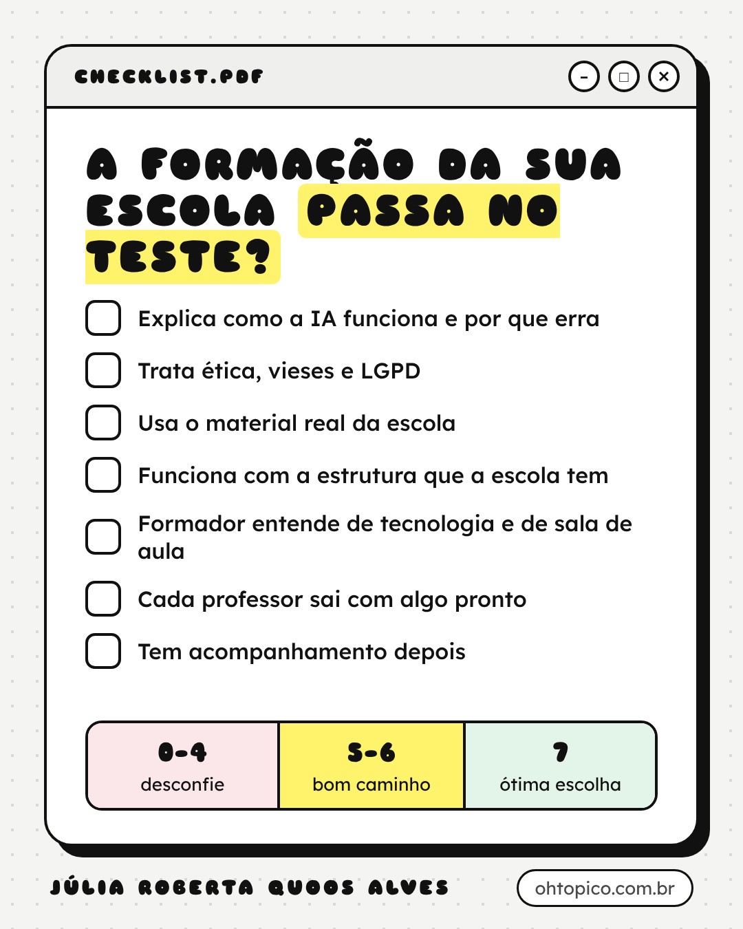 Checklist com caixas para marcar os 7 critérios da lista abaixo e uma escala de pontuação: de 0 a 4, desconfie; de 5 a 6, bom caminho; 7, ótima escolha.