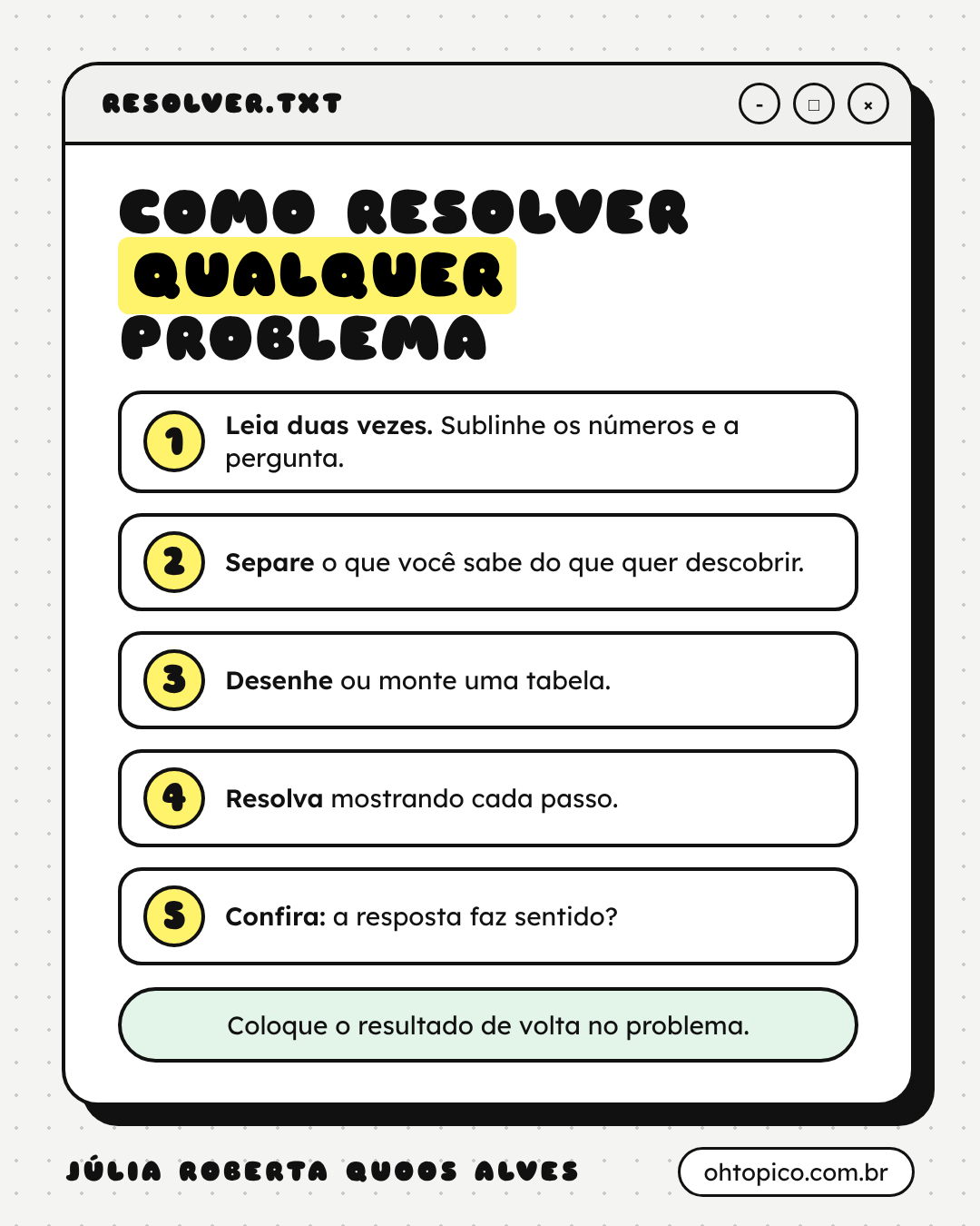 Cartão Como resolver qualquer problema, em cinco passos: 1, leia duas vezes e sublinhe os números e a pergunta; 2, separe o que você sabe do que quer descobrir; 3, desenhe ou monte uma tabela; 4, resolva mostrando cada passo; 5, confira se a resposta faz sentido. Rodapé: coloque o resultado de volta no problema.