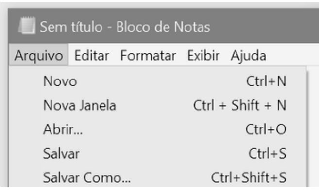 Bloco de Notas com o menu Arquivo aberto mostrando Salvar Como