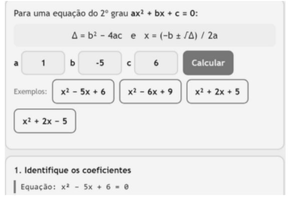 Calculadora interativa de Bháskara com campos a, b e c e o passo a passo
