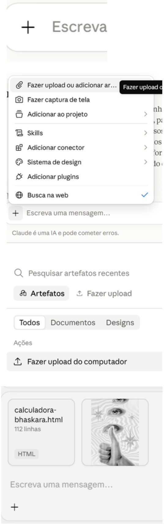 Menu do Claude aberto pelo botão +, com a opção 'Fazer upload ou adicionar arquivos', e a área de artefatos com 'Fazer upload do computador'
