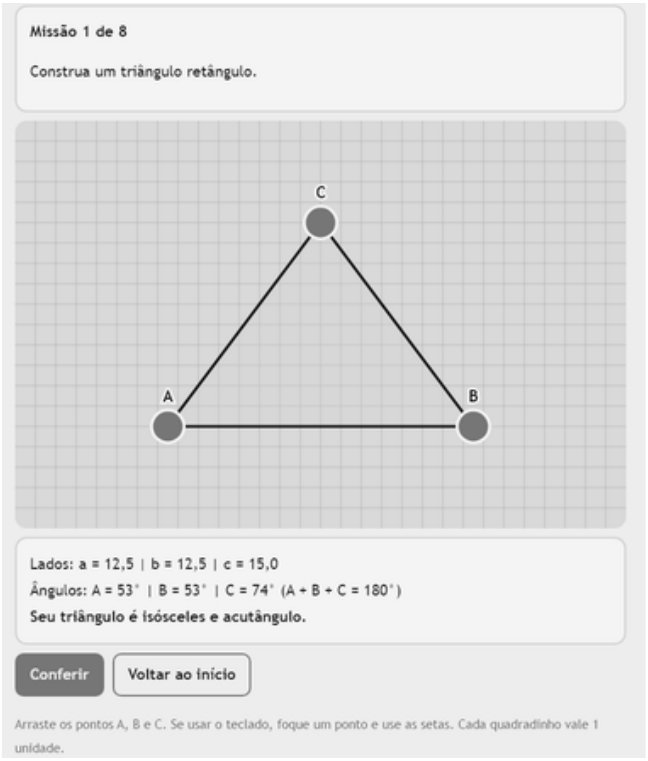 Jogo dos triângulos: missão 1 de 8, construa um triângulo retângulo arrastando os pontos A, B e C