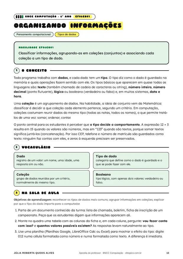 Primeira página da ficha EF06CO01, "Organizando informações": quadro verde com o texto da habilidade, seção 1 O conceito, seção 2 Vocabulário em quatro cartões verdes e início da seção 3 Na sala de aula.
